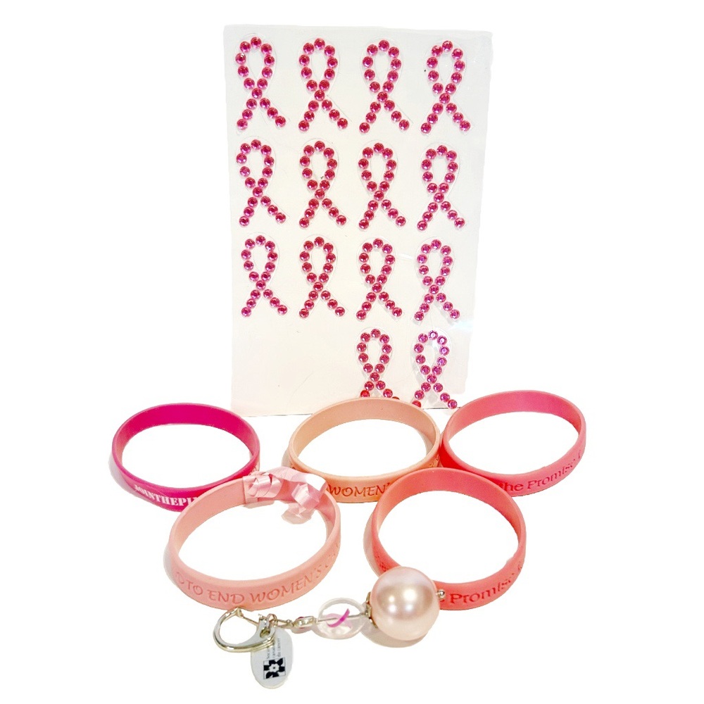 Breast Cancer Awareness Pink Ribbon Lot Keychain Rhinestone Stickers Bracelets
